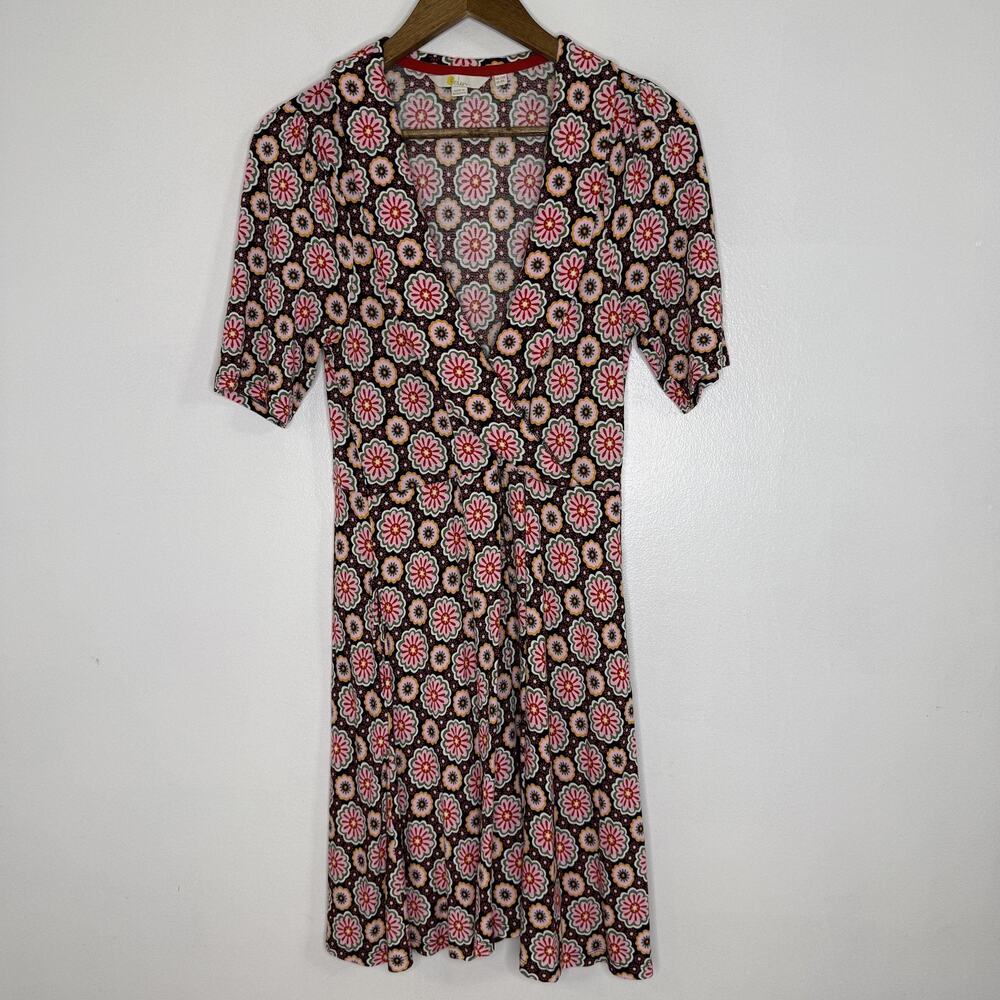 Boden Black Floral Wrap Dress with Pink and Cream Accents